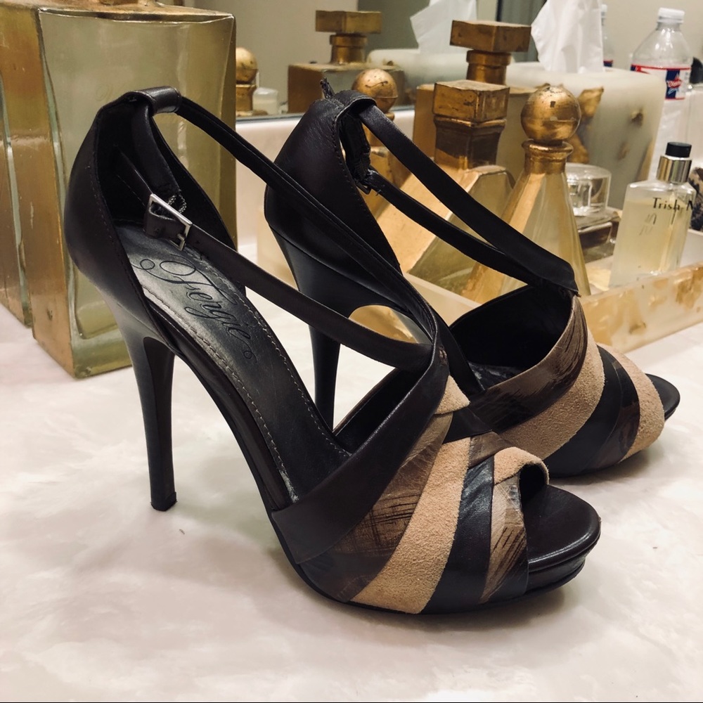 Fergie heeled sandals, brown & tan leather, Sz 8.5 - Picture 3 of 9